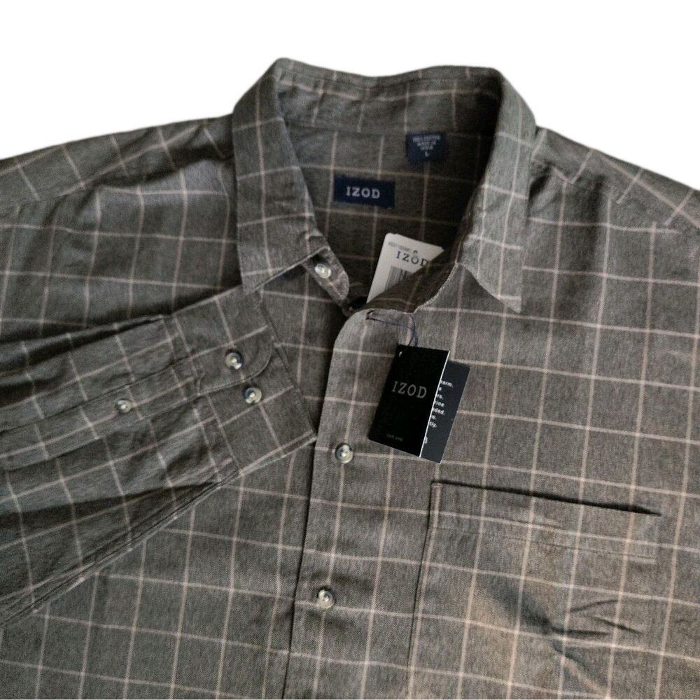 NWT IZOD Men's Large Windowpane Plaid 100% Cotton Long Sleeve Shirt